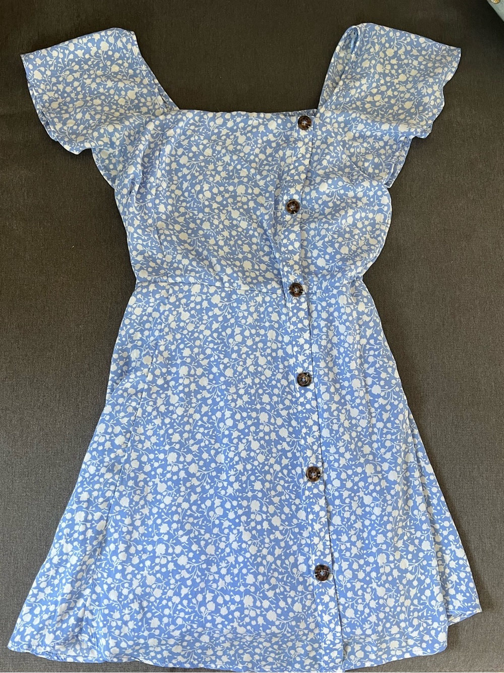 Blue Floral Button-Front Mini Dress